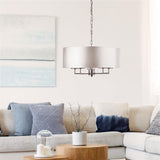 SEARCHLIGHT KNIGHTSBRIDGE 5Lt Pendant - Satin Silver Metal & Silver Faux Silk Shade
