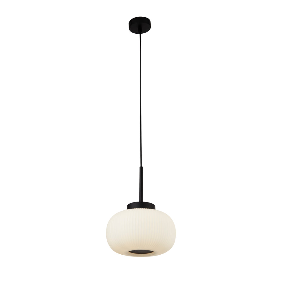 SEARCHLIGHT LUMINA Pendant - Black Metal & Opal Ribbed Glass