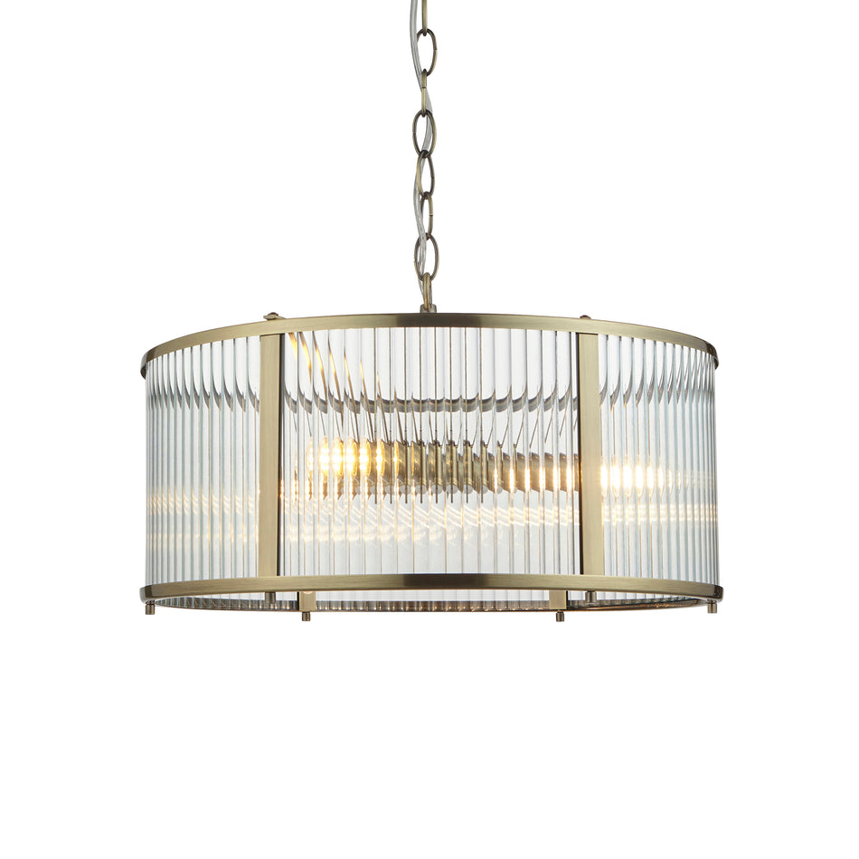 Ridgeton 3lt Classic Pendant - Antique Brass & Clear Ribbed Glass