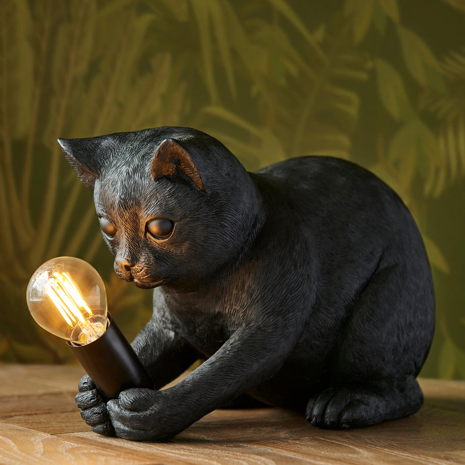 Kitten Cat Table Lamp - Matt Black, Cat Detailed Resin Figurine