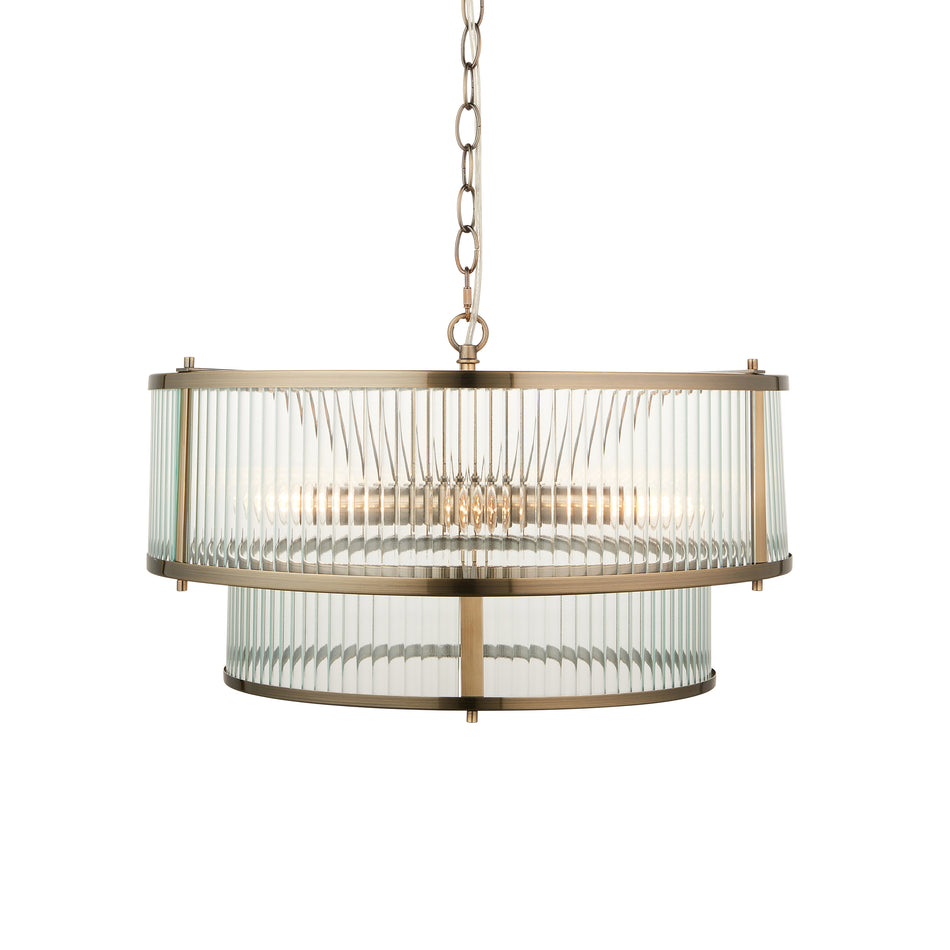 Ridgeton 5lt Tiered Pendant - Antique Brass & Clear Ribbed Glass