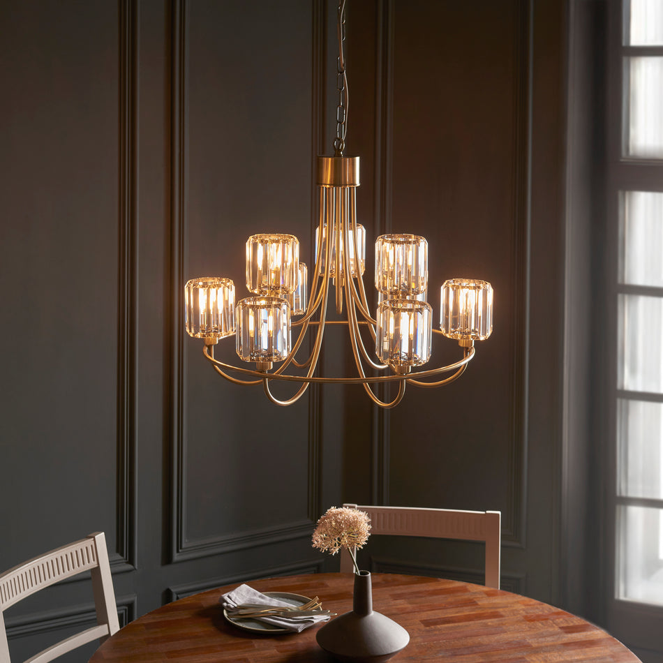 Berenice 9Lt Tiered Pendant - Antique Brass Chandelier with Cut Faceted Glass Shades