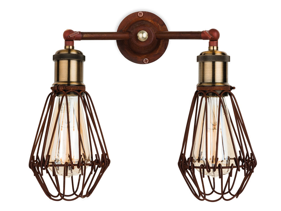 Arcade 2lt Wall Light - Industrial Style with Rustic Brown Cage Effect