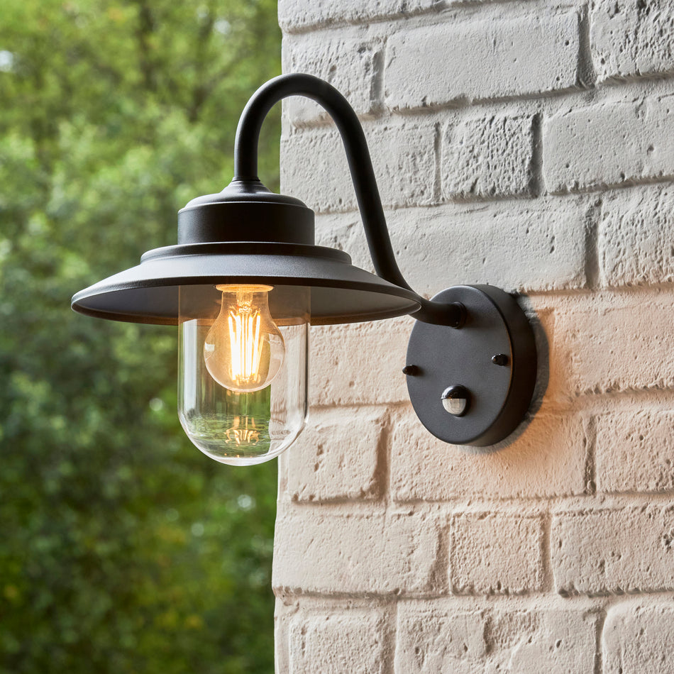Thornton PIR Outdoor Wall Light - Matt Black Metal with Clear Glass Shade