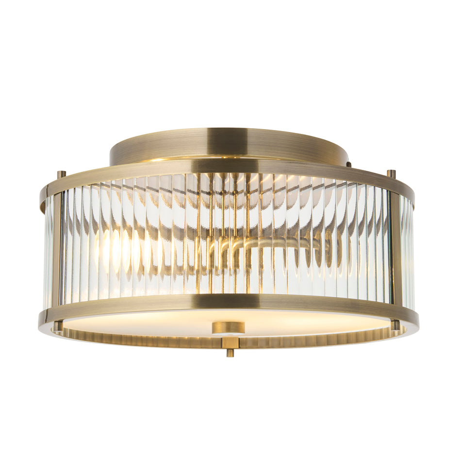 Ridgeton IP44 2lt Flush - Antique Brass & Clear Ribbed Glass
