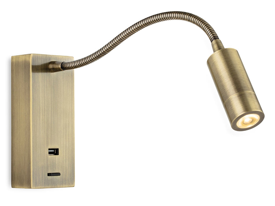 Clifton LED Wall Light with USB Port - Antique Brass