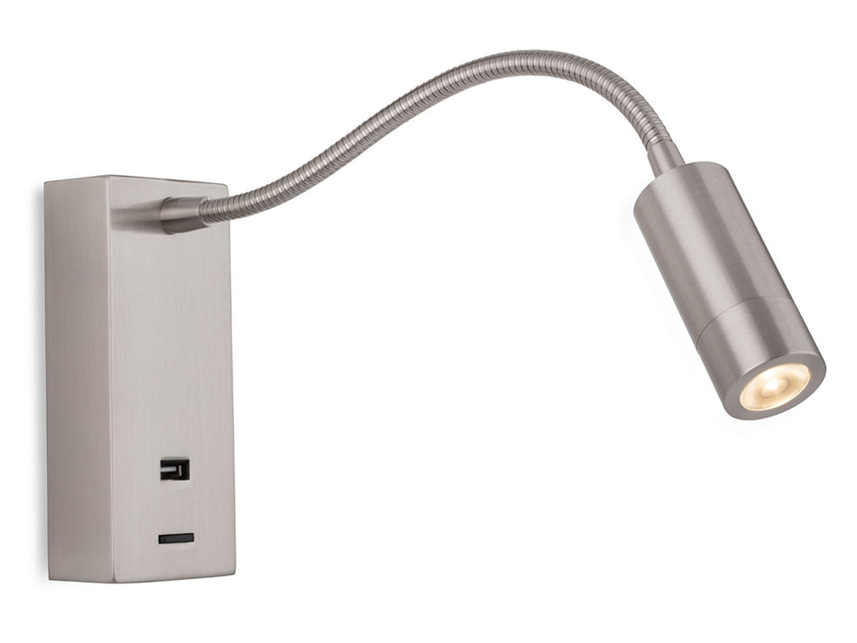Clifton LED Flexi Wall Light with USB Port - Brushed Steel