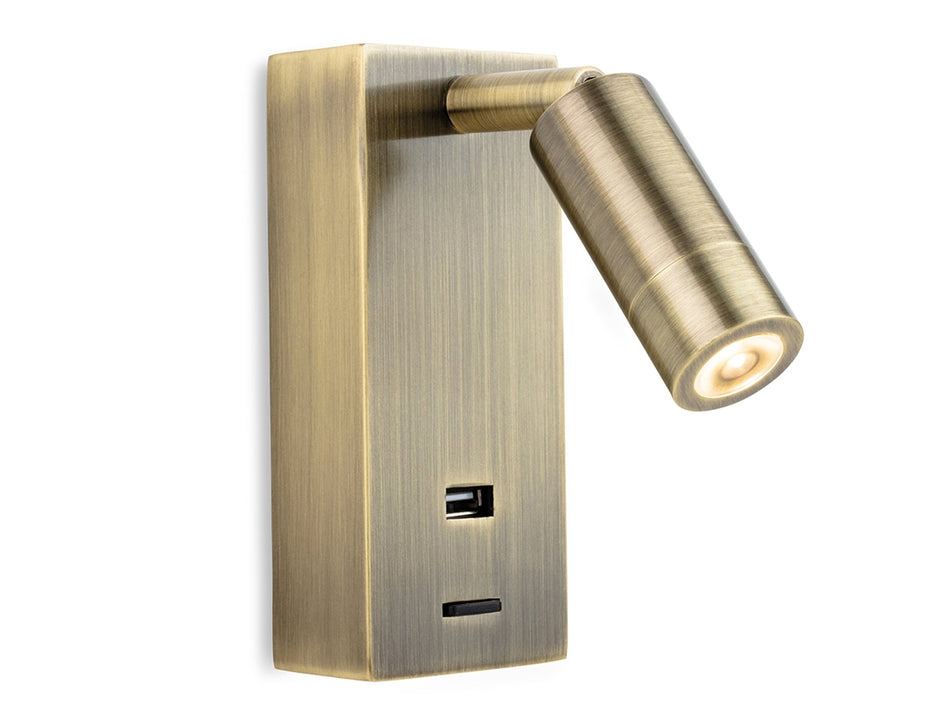 Clifton LED Wall Light with USB Port - Antique Brass