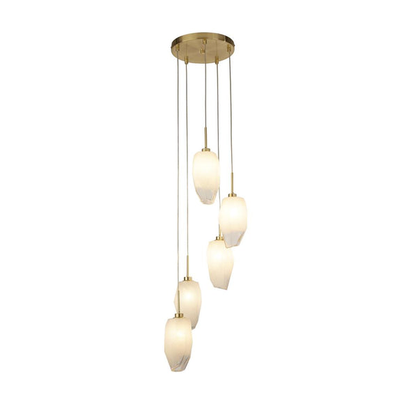 SEARCHLIGHT Rocky 5Lt Multi Drop Pendant, Satin Brass Metal & Glass