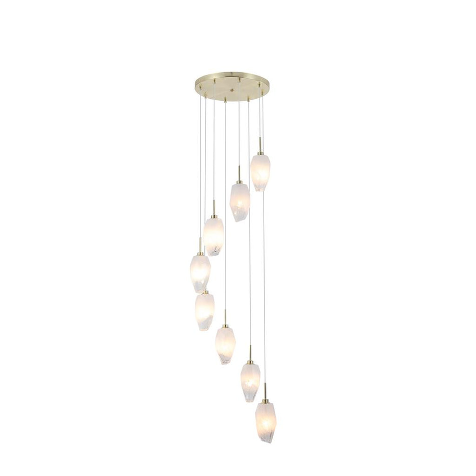 Rocky 8Lt Multi Drop Pendant, Satin Brass Metal & Glass