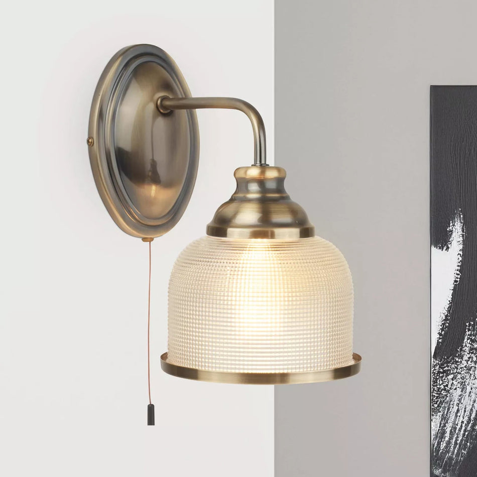 BISTRO II Wall Light - Antique Brass Metal & Holophane Style Glass