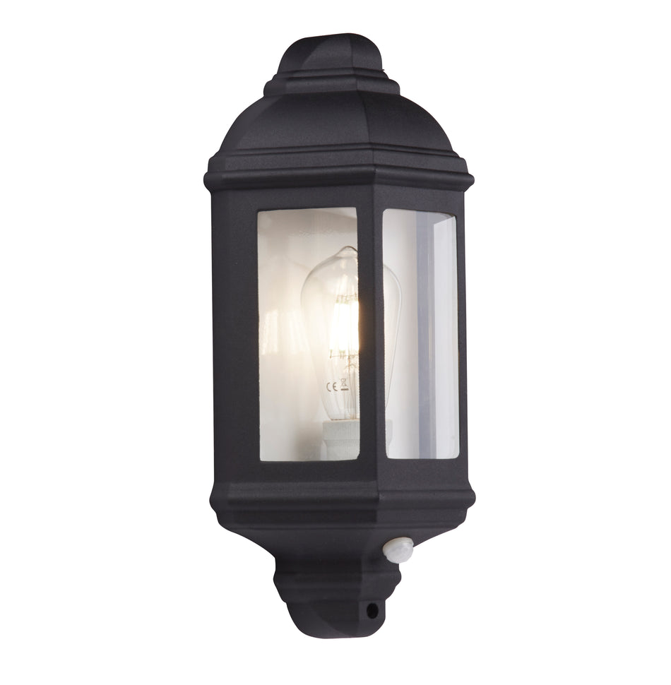 MAINE Outdoor Wall Light with PIR - Black Metal & Clear Glass