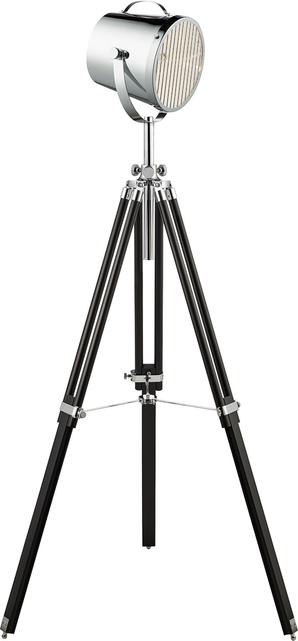 SEARCHLIGHT STUDIO Tripod Floor Lamp - Chrome Metal & Black Wood