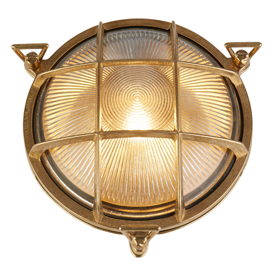 BULKHEAD Outdoor Wall/ Ceiling Light - Solid Brass Metal & Clear Ribbed Glass