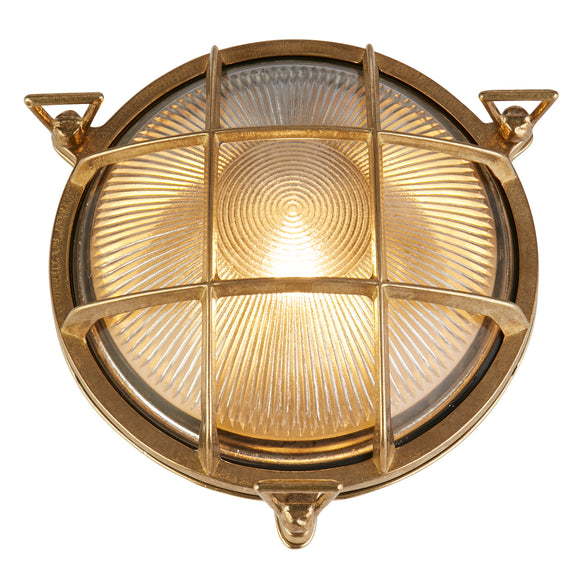 SEARCHLIGHT BULKHEAD Outdoor Wall/ Ceiling Light - Solid Brass Metal & Clear Ribbed Glass