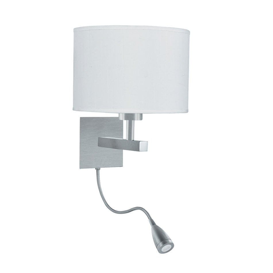 HOTEL Picture Light with LED Reading Light - Satin Silver Metal & White Fabric Shade