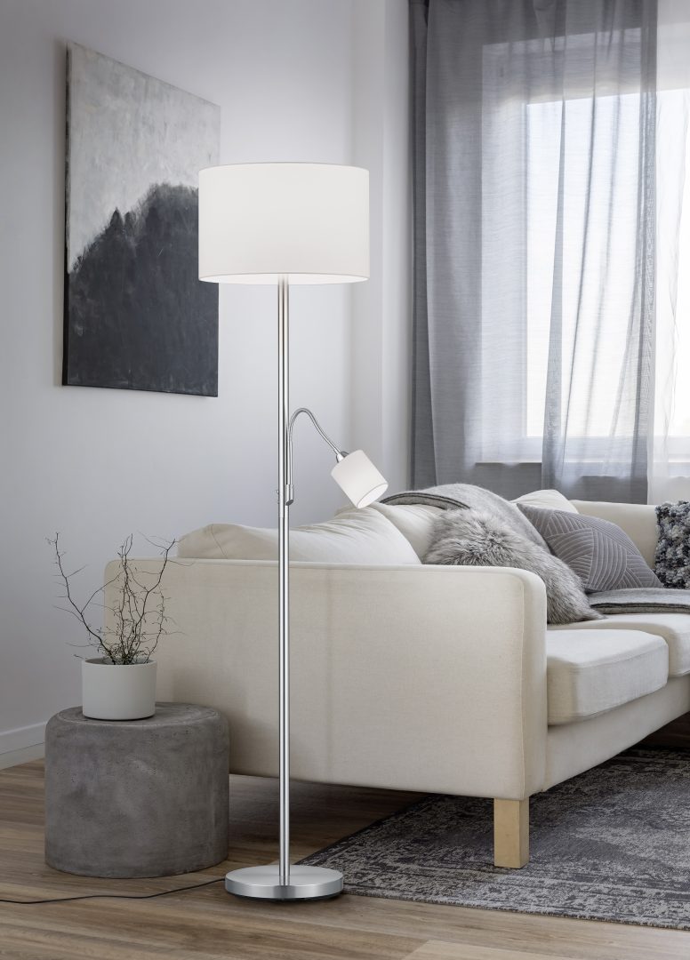 HOTEL Floor Lamp - Matt Nickel, White Shade plus Reading Arm
