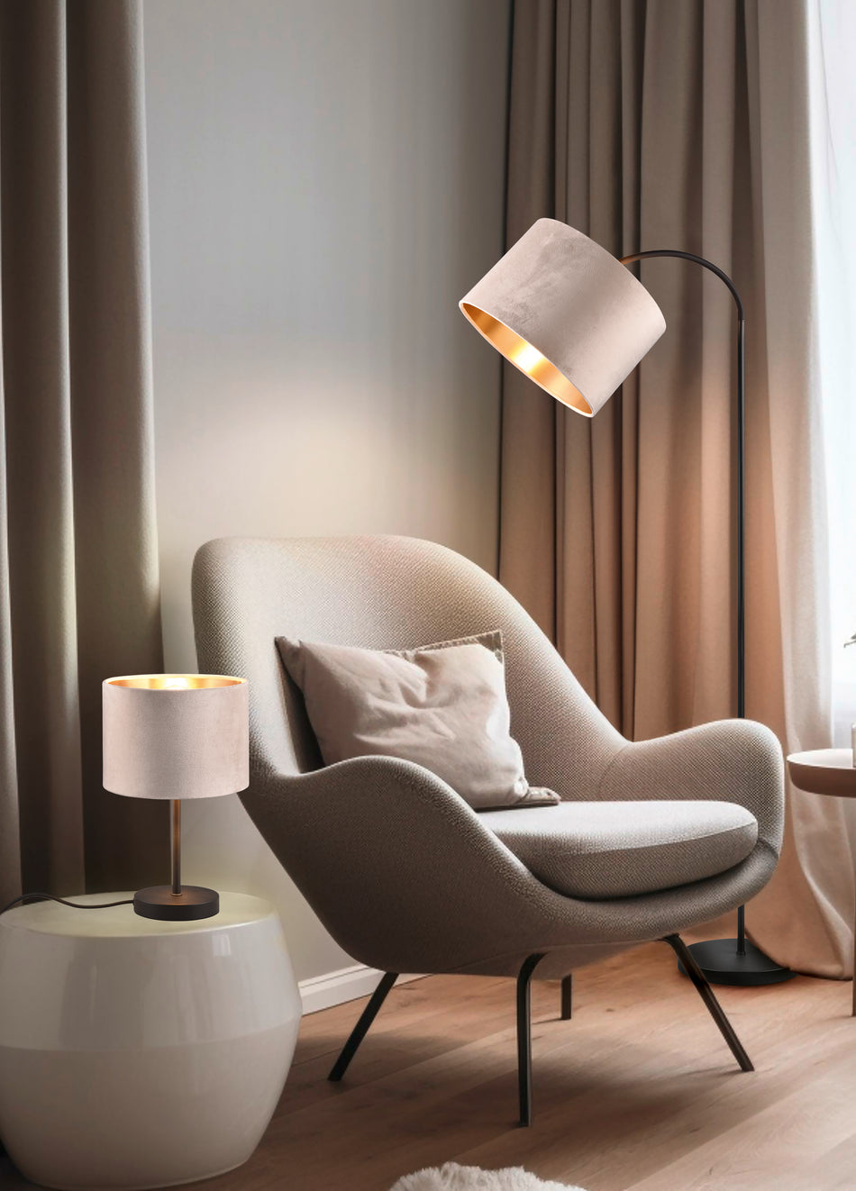 Julieta - Floor Lamp, Matt Black Metal & Beige Velvet Shade