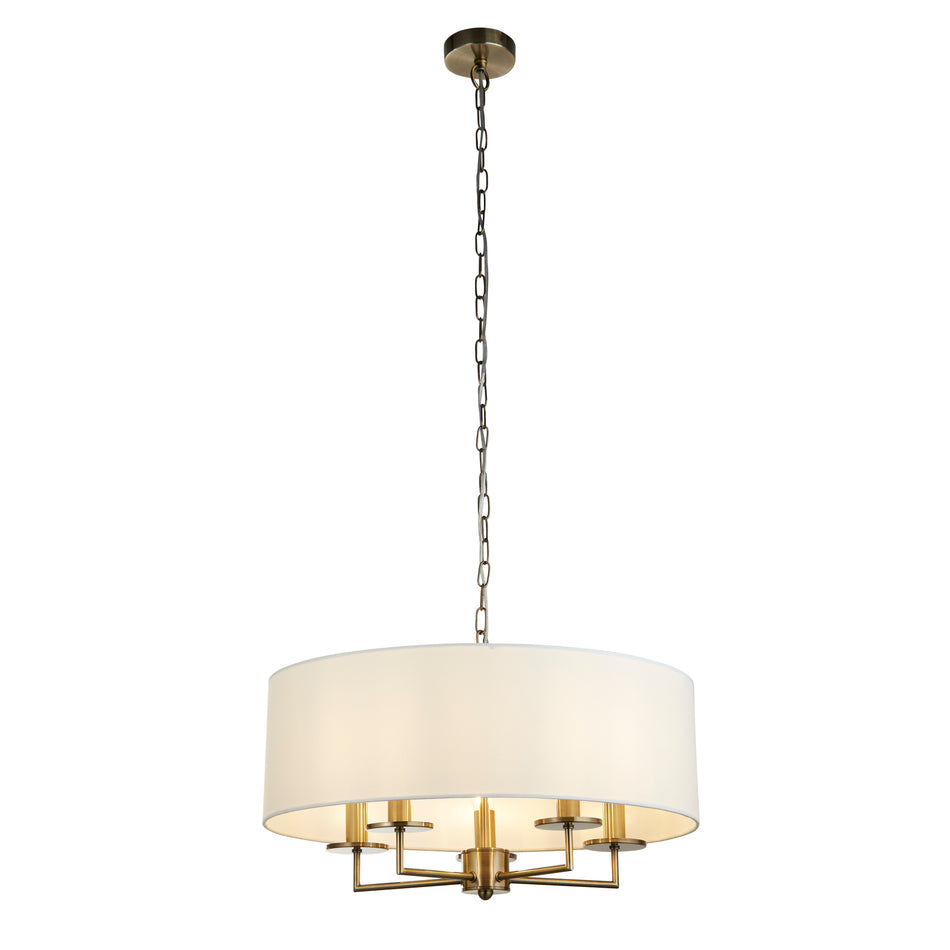 SEARCHLIGHT KNIGHTBRIDGE 5Lt Pendant - Antique Brass & White Linen Shade