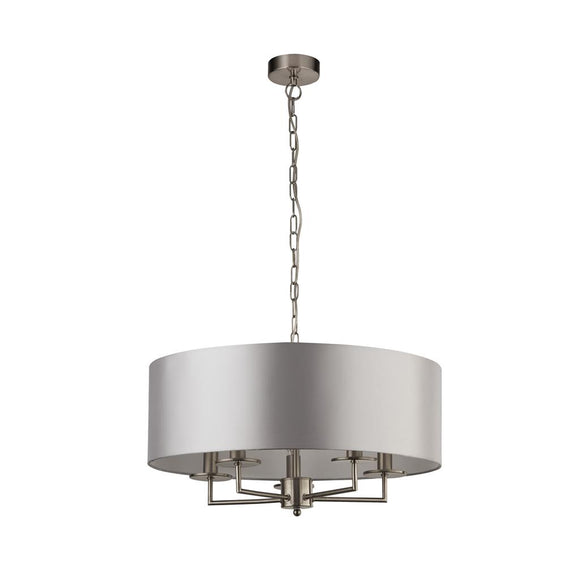 SEARCHLIGHT KNIGHTSBRIDGE 5Lt Pendant - Satin Silver Metal & Silver Faux Silk Shade