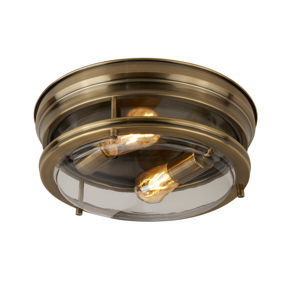 SEARCHLIGHT GLASGOW 2Lt Flush - Antique Brass Metal & Clear Glass