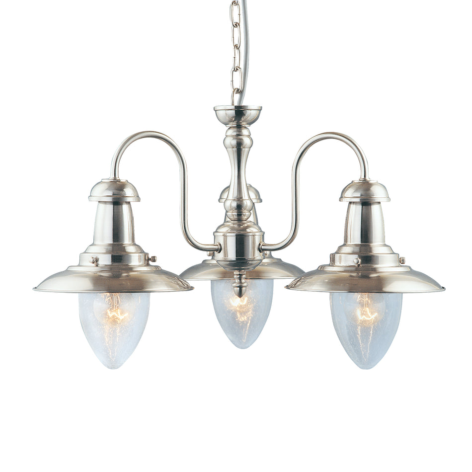 FISHERMAN II 3Lt Pendant -Satin Silver Metal Lamp; Clear Seeded Glass