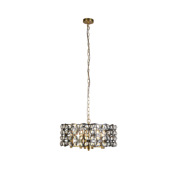 SEARCHLIGHT IRIS 5Lt Pendant - Black Metal, Satin Brass & Crystal