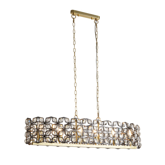 SEARCHLIGHT IRIS 6Lt Bar Pendant - Black Metal, Satin Brass & Crystal