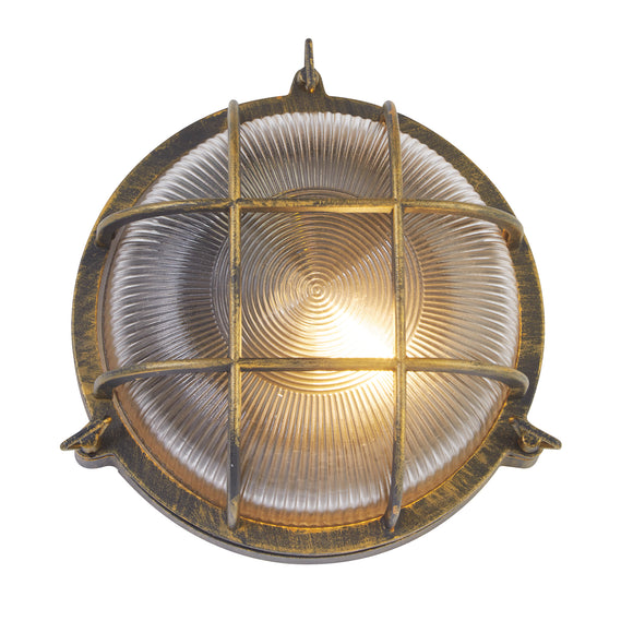 SEARCHLIGHT BULKHEAD Outdoor Wall/ Ceiling Light - Black Gold Aluminium & Clear Holophane Style Glass