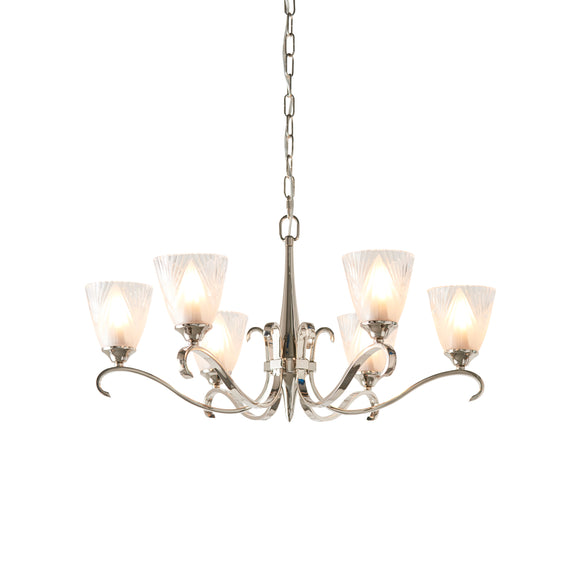 INTERIORS 1900 Columbia Nickel 6Lt Pendant & Deco Glass - Polished Nickel