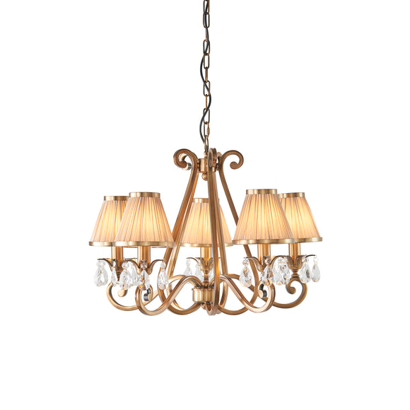 INTERIORS 1900 Oksana Antique Brass 5Lt Pendant & Beige Shades