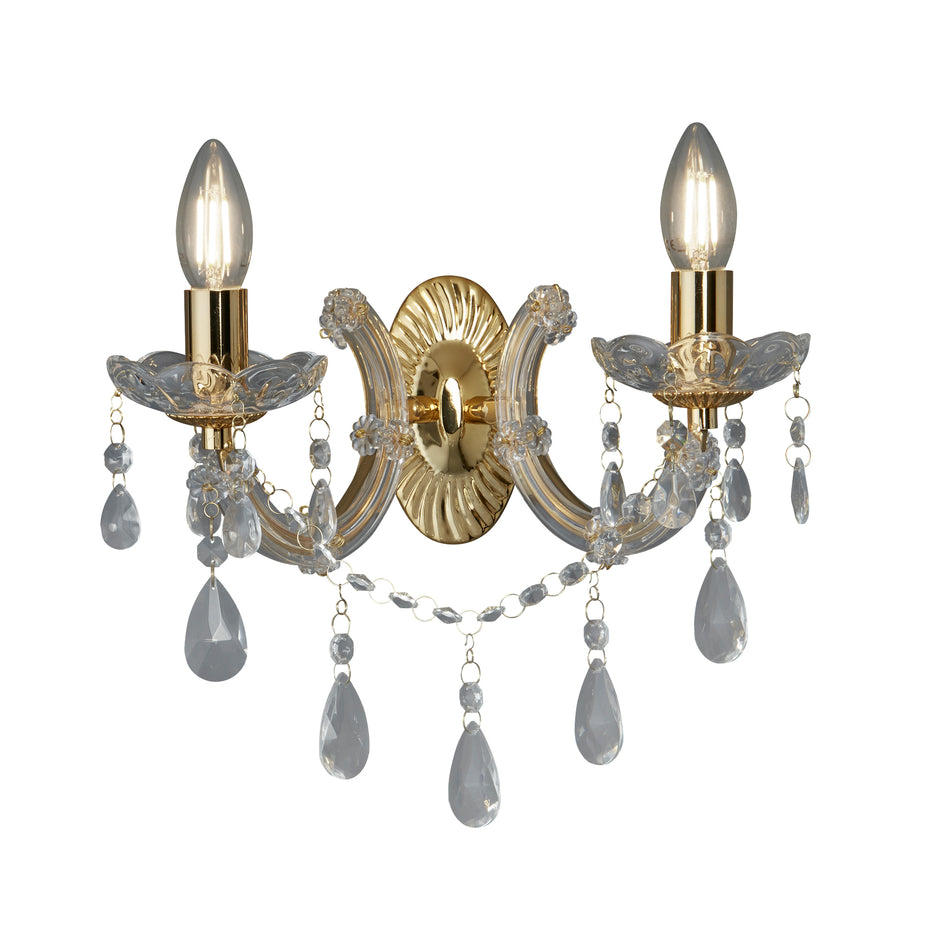 SEARCHLIGHT MARIE THERESE 2Lt Wall Light - Polished Brass Metal & Clear Crystal