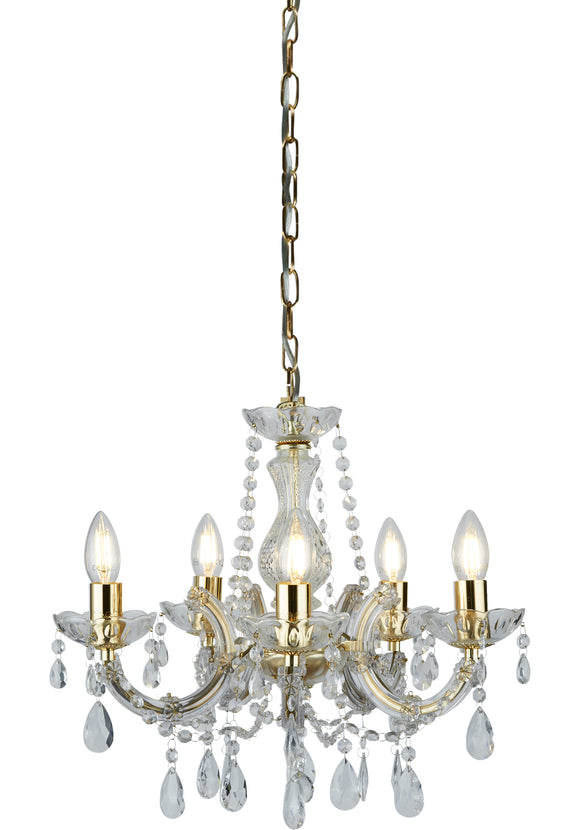 SEARCHLIGHT MARIE THERESE 5Lt Pendant - Polished Brass Metal & Clear Crystal