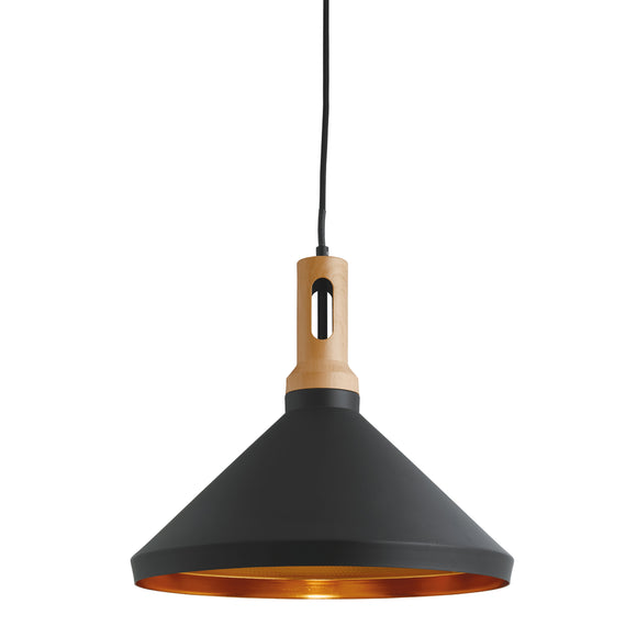 SEARCHLIGHT WONG Pendant - Black Metal with Wood Effect Cap