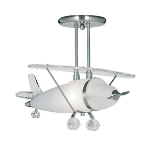 SEARCHLIGHT NOVELTY AIRPLANE Pendant - Satin Silver Metal, Clear Acrylic & Frosted Glass