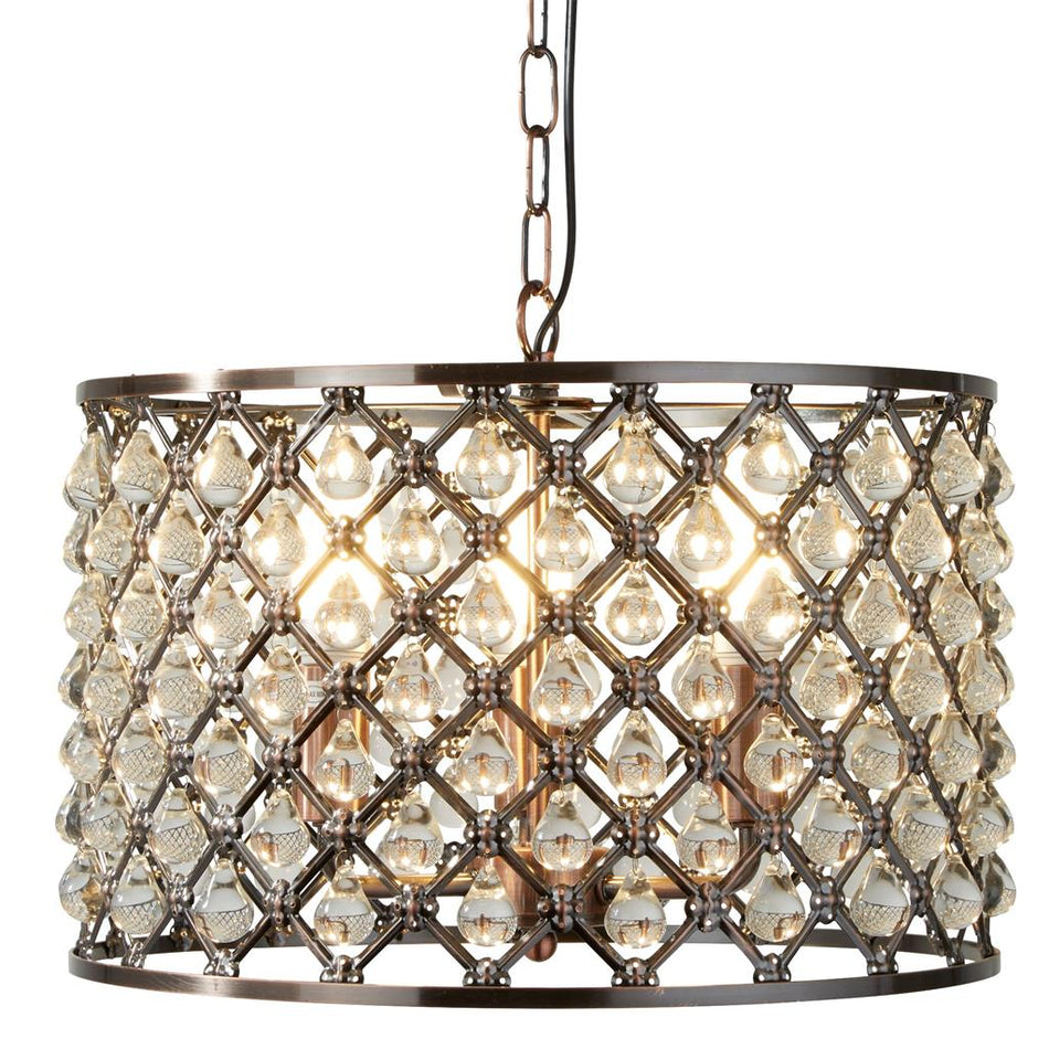 Marquise 3Lt Drum Pendant - Antique Copper Metal Lamp & Glass