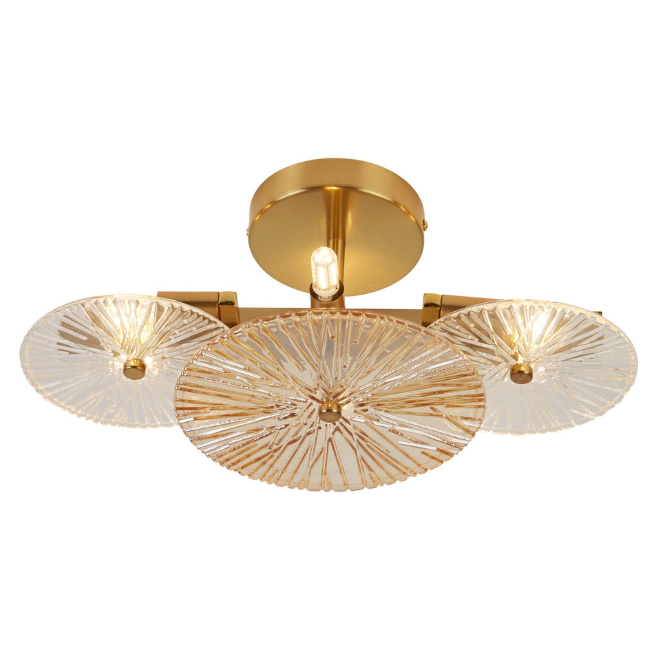 Wagon Wheel 6Lt Wall/Flush - Bronze Metal, Clear, Amber Glass