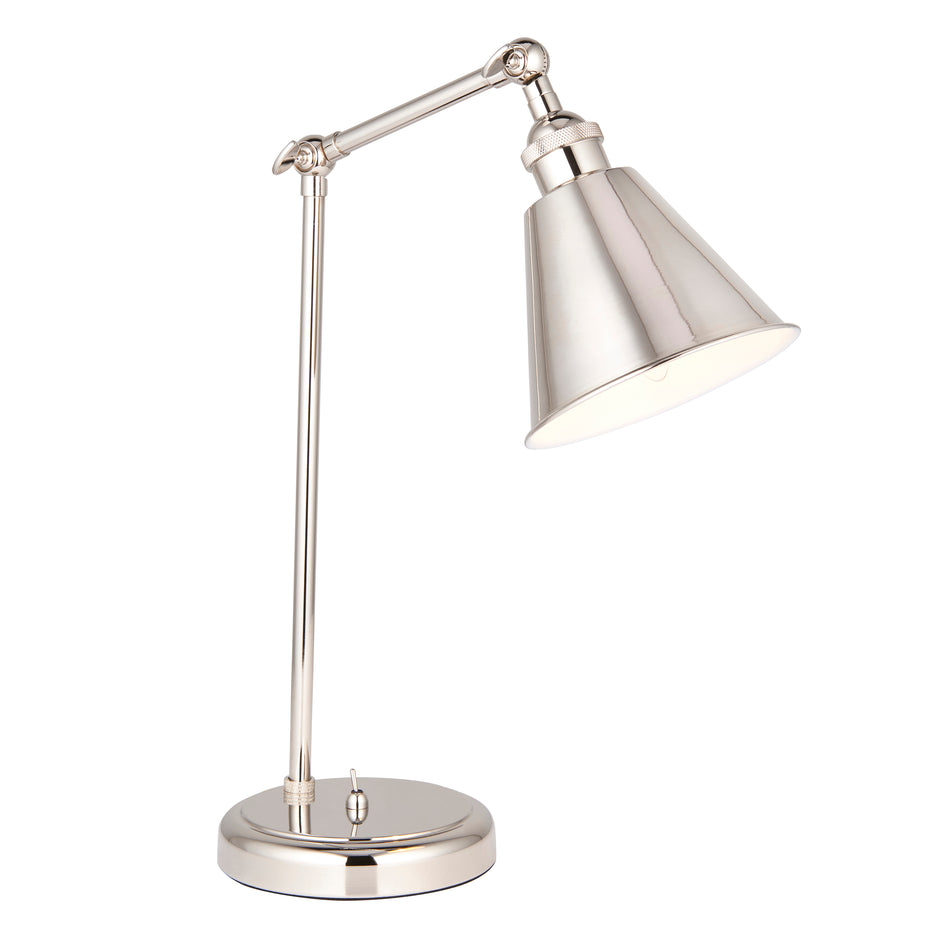 Hal Task Table Lamp - Bright Nickel Plate, Adjustable Arm with Satin White Inner Shade
