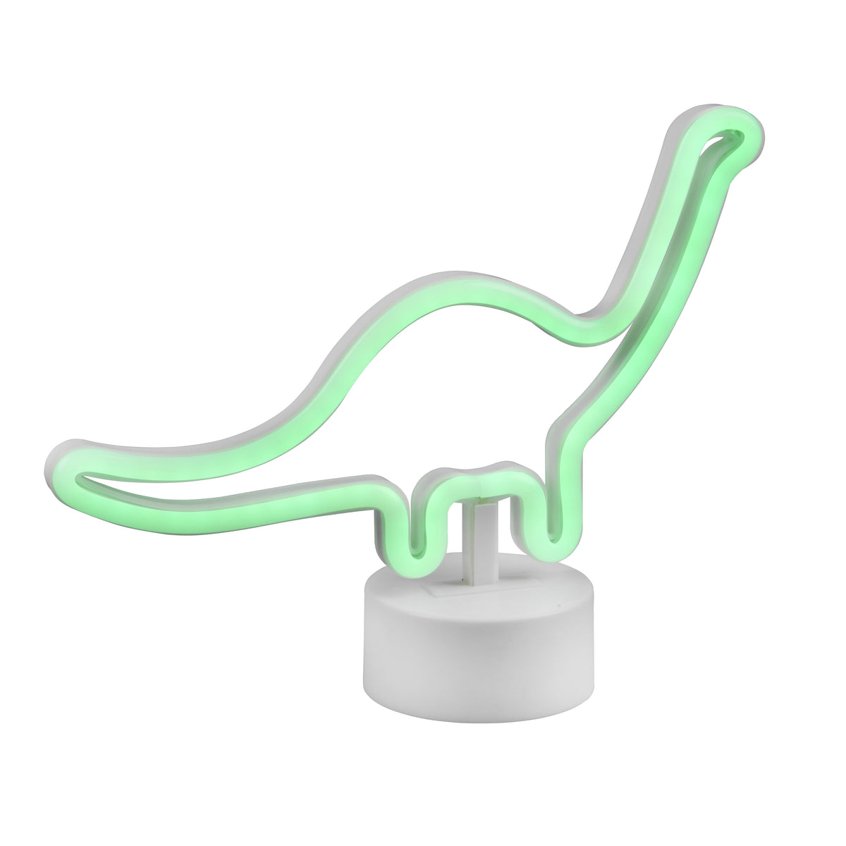 A green brontosaurus dinosaur-shaped LED table lamp with a white base, reflecting light.