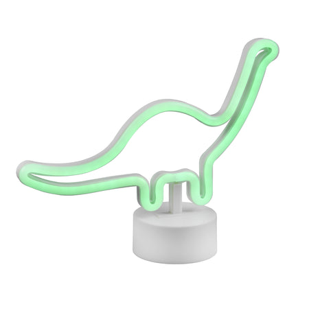 A green brontosaurus dinosaur-shaped LED table lamp with a white base, reflecting light.