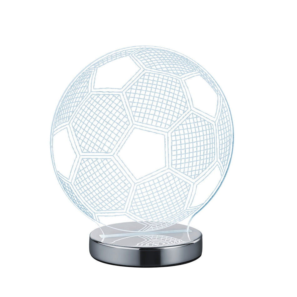 A table lamp with a 3D football design, featuring a clear acrylic lamp head mounted on a chrome-coloured base.