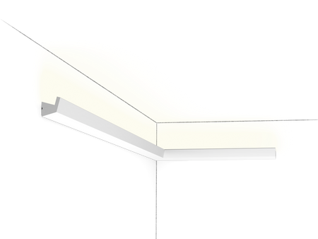 A 3D rendered image of an angled high-density polymer wall coving designed for indirect LED lighting.