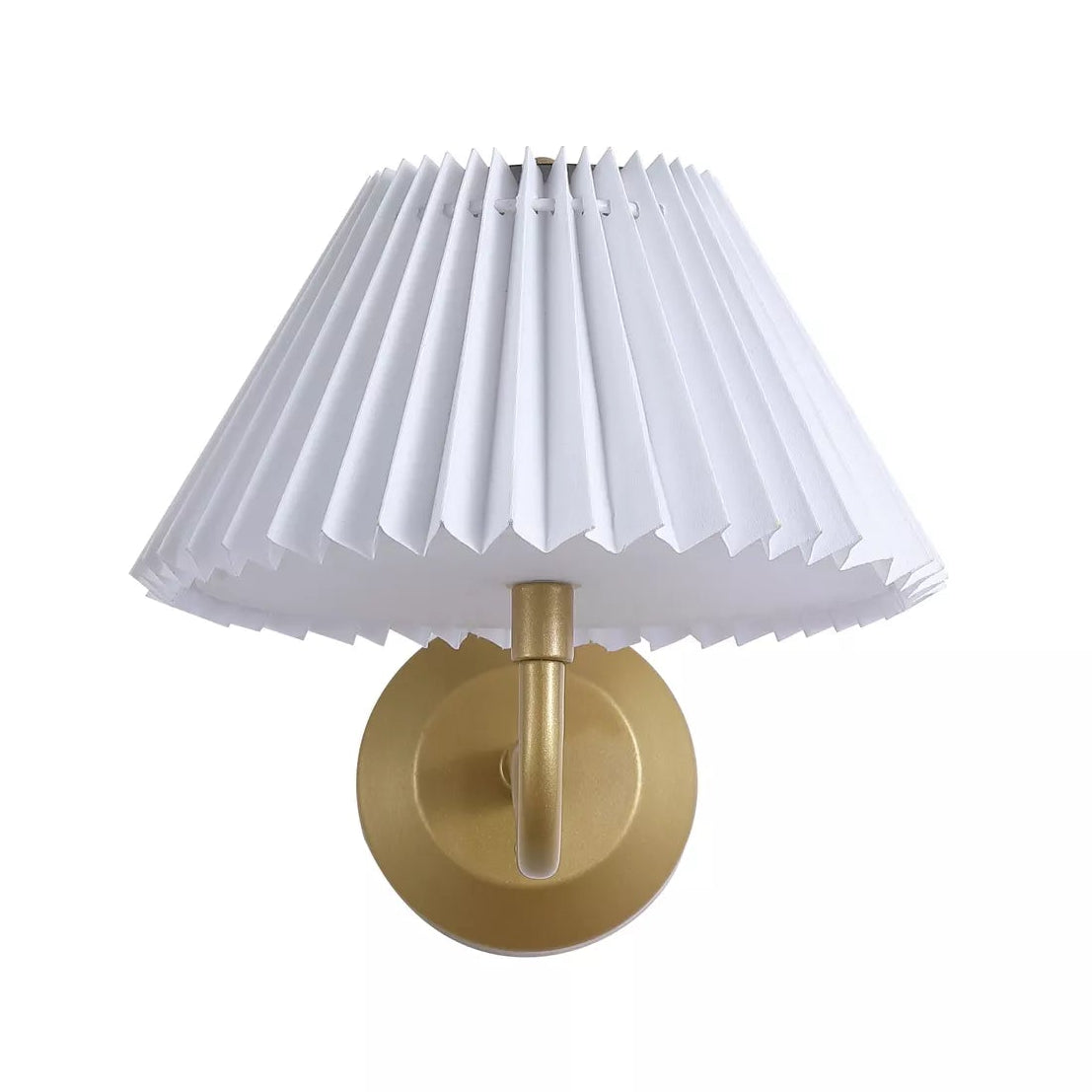 Wall-mounted lamp with a pleated white shade and gold fixture on a white background