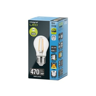Integral LED 470 lumen warm white light bulb packaging box, showing a clear glass filament-style bulb with a silver screw base on a black and blue box.