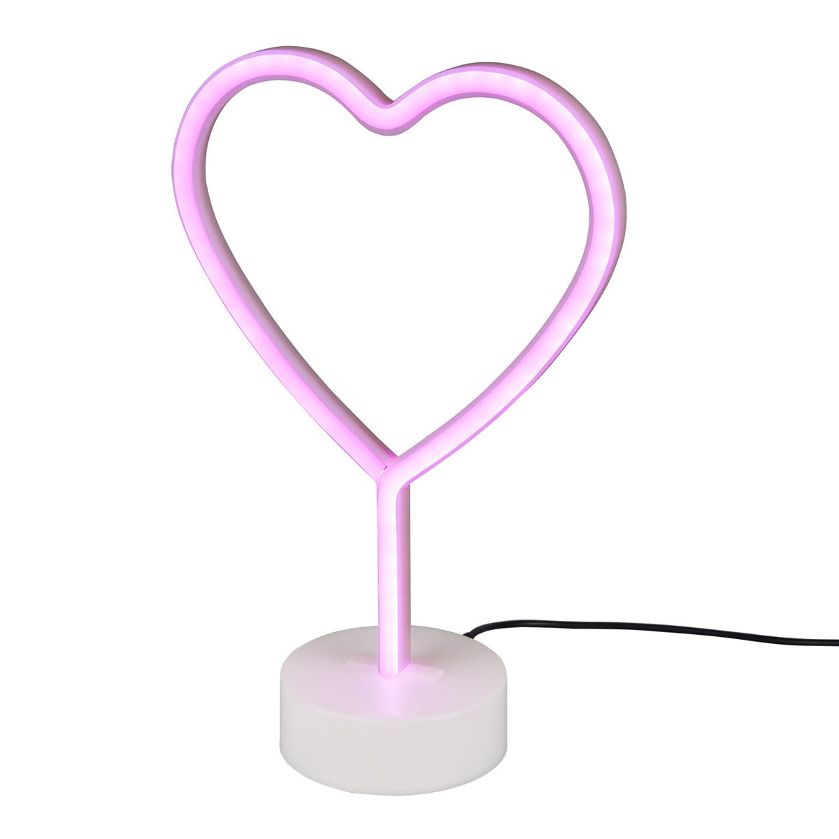 A heart-shaped LED table lamp with a white base, pink light, and a USB connection cable.