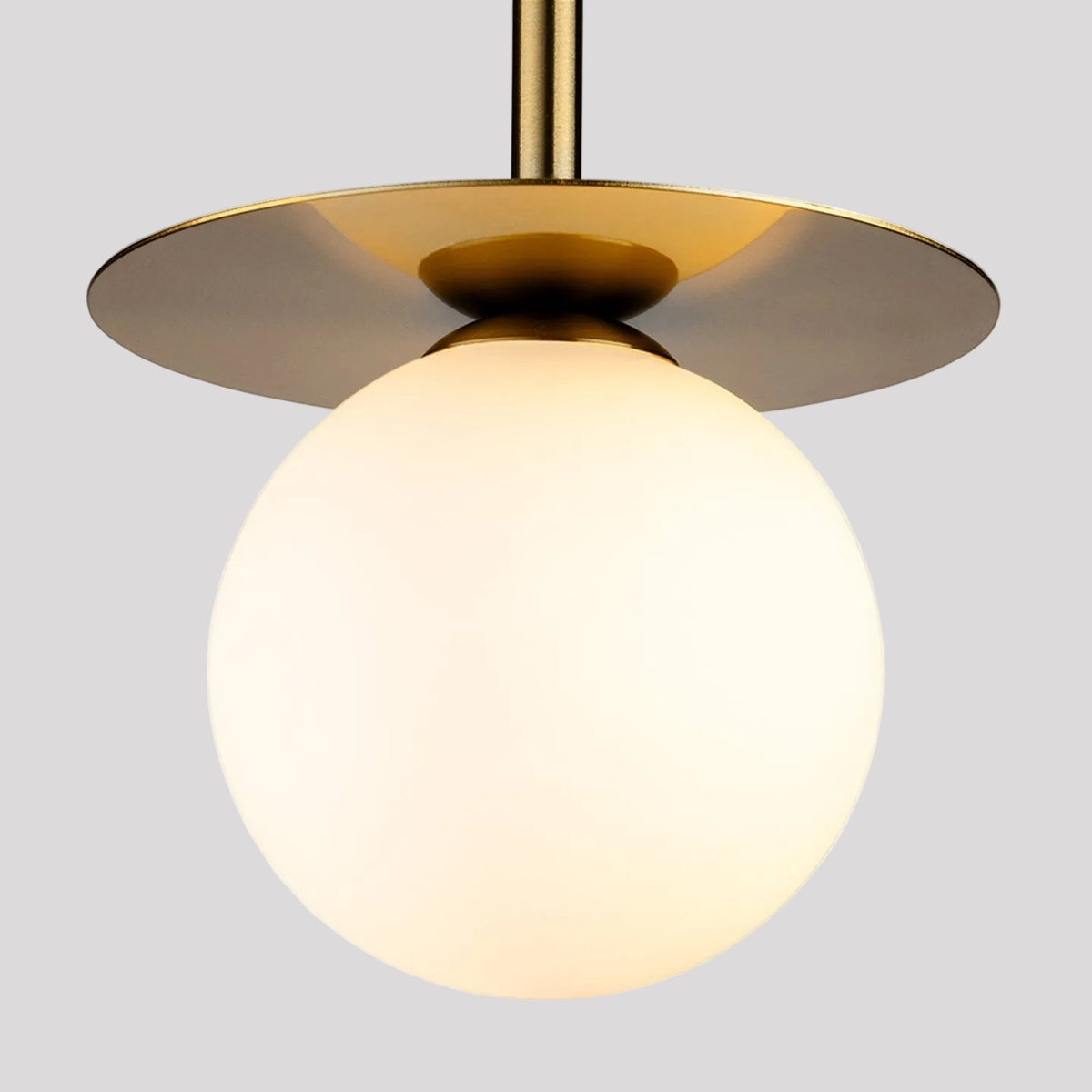 A modern pendant light fixture featuring a brushed brass circular canopy and a matching vertical rod, with a large frosted glass globe shade glowing with warm light, isolated on a white background.