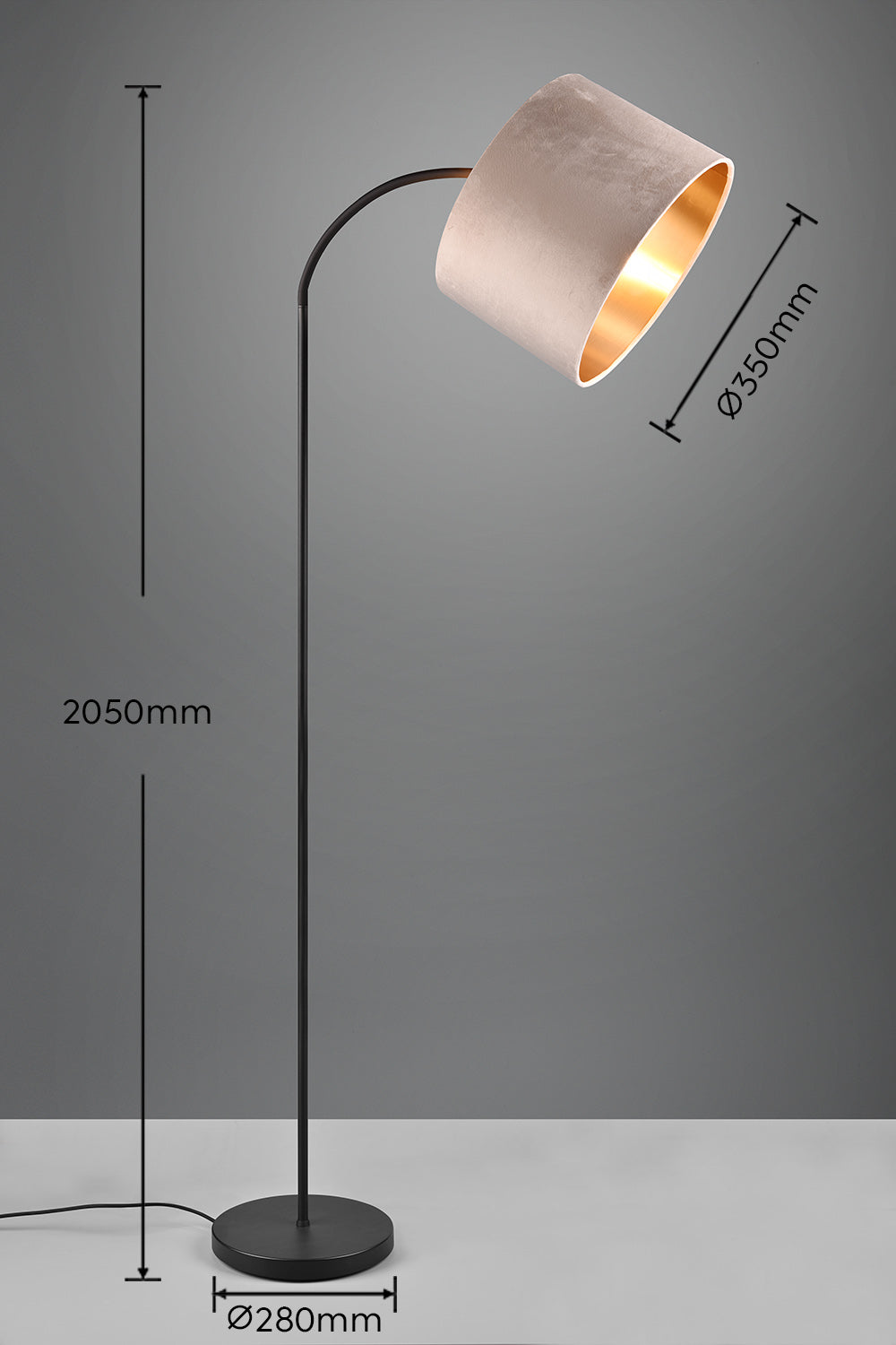 Floor lamp with beige shade and black base, shown with measurements on a gray background