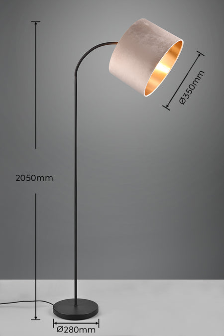 Floor lamp with beige shade and black base, shown with measurements on a gray background