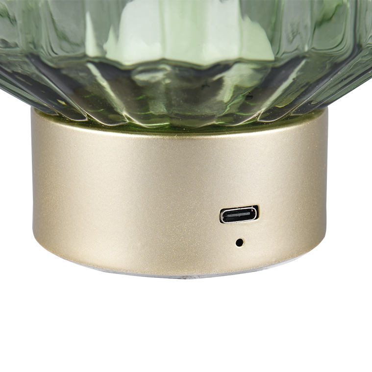 Close-up of a green glass container with a metallic base featuring a USB port on a white background.