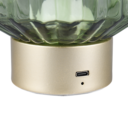 Close-up of a green glass container with a metallic base featuring a USB port on a white background.